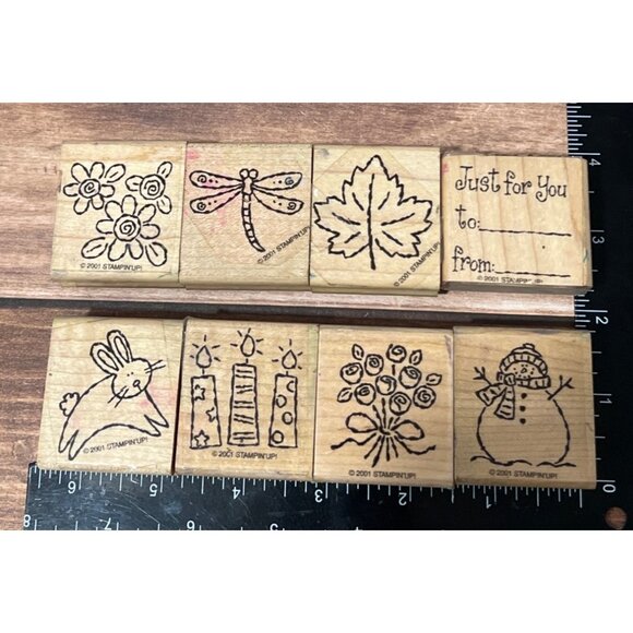 Vintage Stampin Up TAGS AND MORE Rubber Stamp Collection Wood Mounted Set Of 8 - Picture 2 of 6